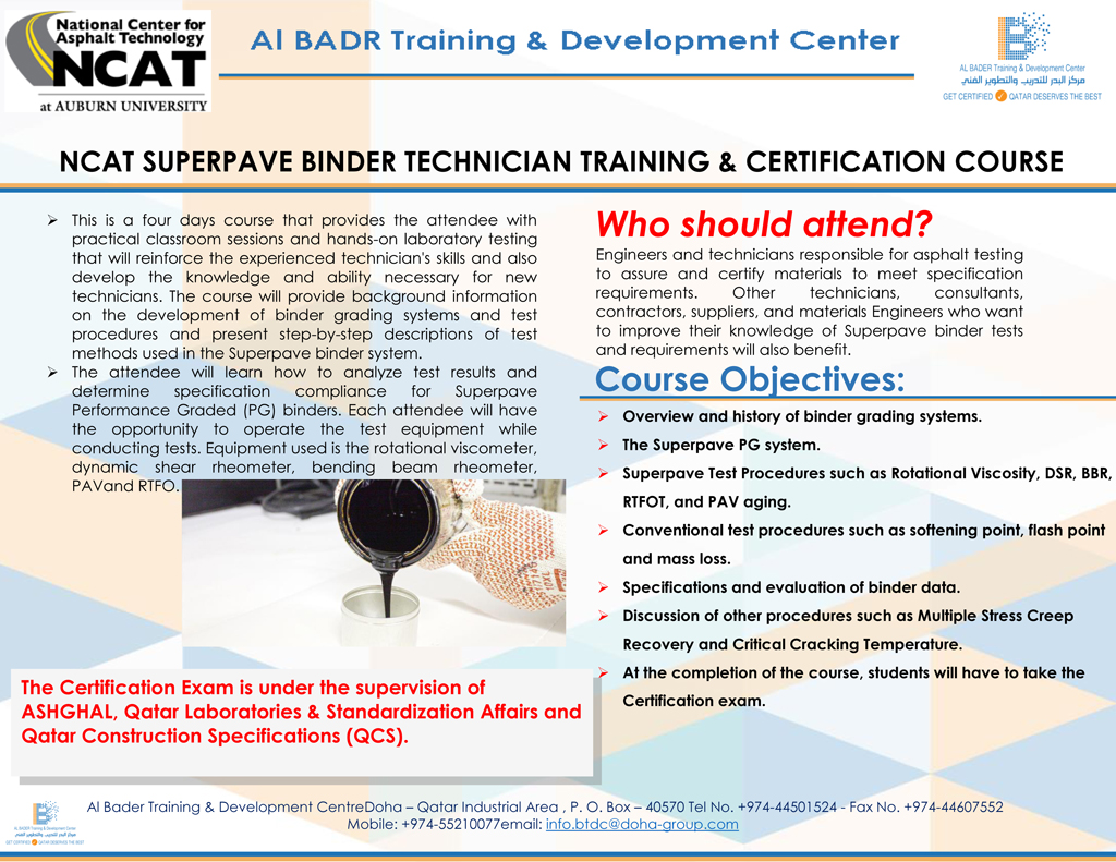 SUPERPAVE BINDER TECHNICIAN TRAINING & CERTIFICATION COURSE BTDC